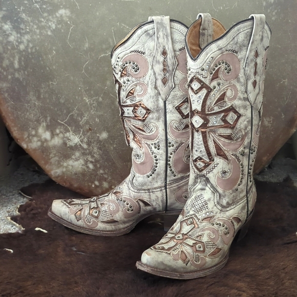 CORRAL AB084 "Sadler" ivory leather bronze cross cowgirl boot snip toe sz 9.5 - Picture 5 of 16